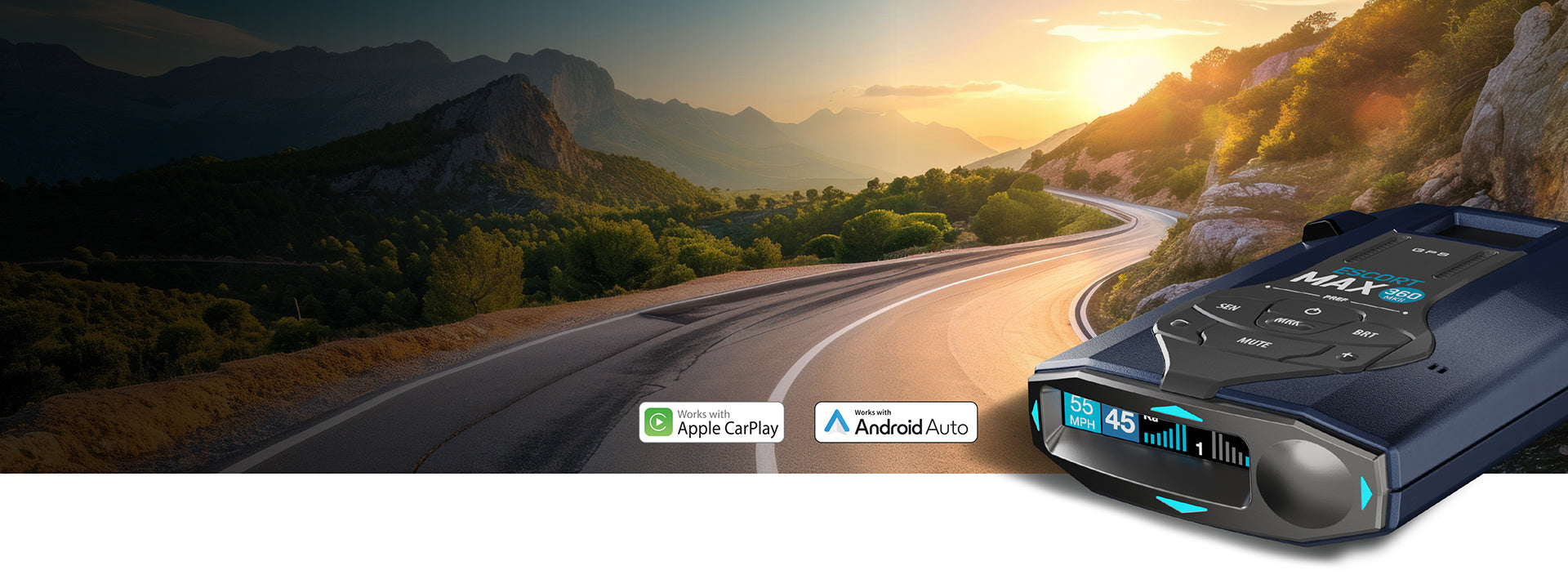 MAX 360 MKII Escort Radar Detector on scenic winding road