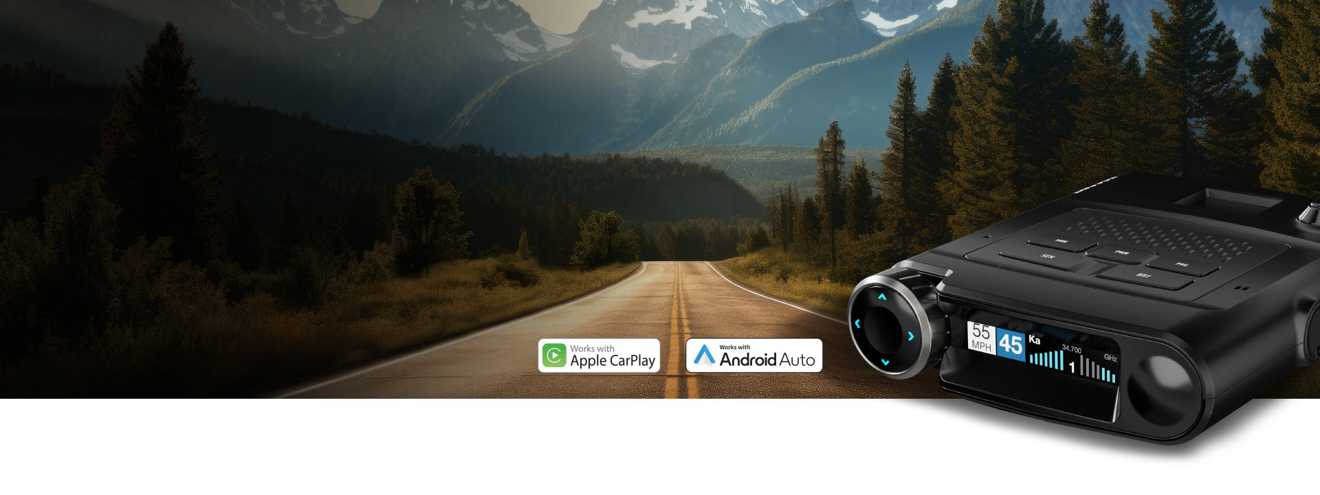 Escort MAxcam 360c radar detector over forested mountain road with Carplay and Android Auto icons