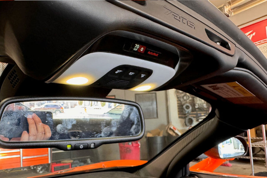 mclaren 720s spider with redline ci 360c custom installed radar detector rear-mirror